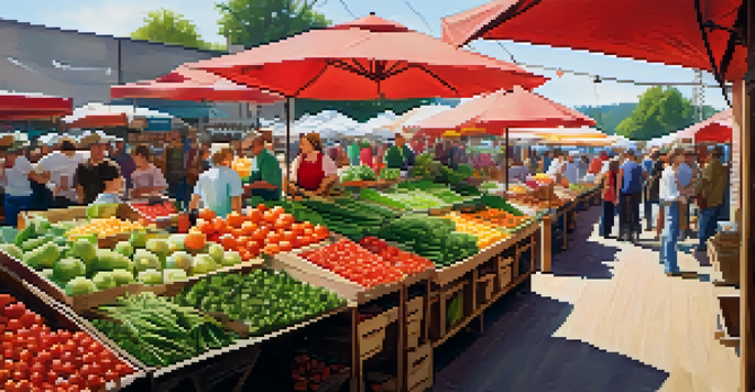 A lively farmer's market with colorful fruits and vegetables displayed on rustic wooden stalls, surrounded by people.