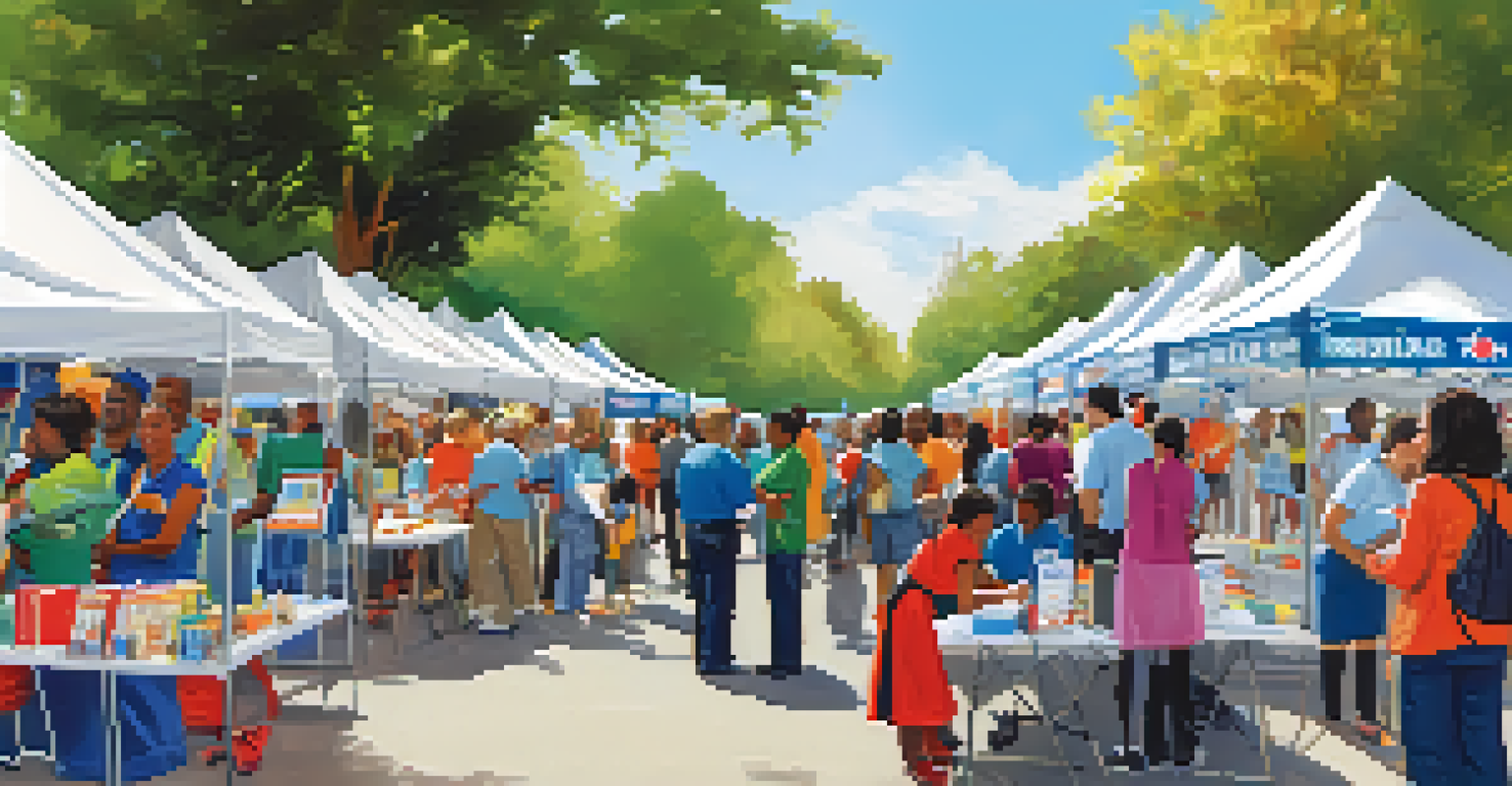 A vibrant community health fair with people learning about health and safety, featuring booths and volunteers providing information.