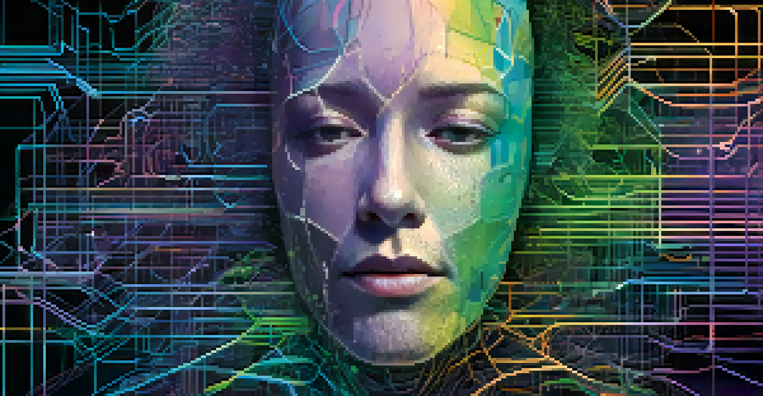 An abstract visualization of AI algorithms depicted as colorful interconnected data networks with a human brain outline.