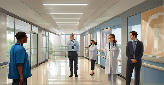 A confident healthcare leader discussing ethical decision-making with a diverse team in a modern hospital corridor.