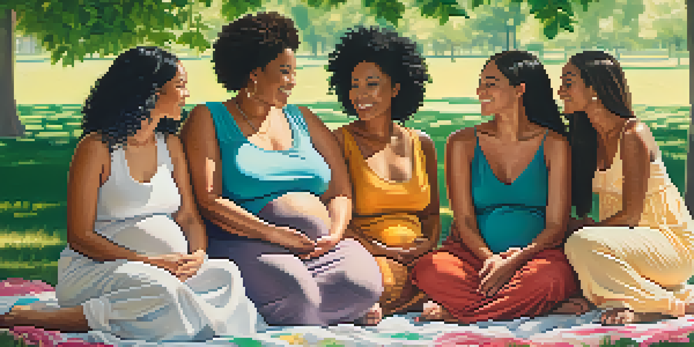 A diverse group of pregnant women in a sunny park sharing experiences, surrounded by greenery and colorful flowers.