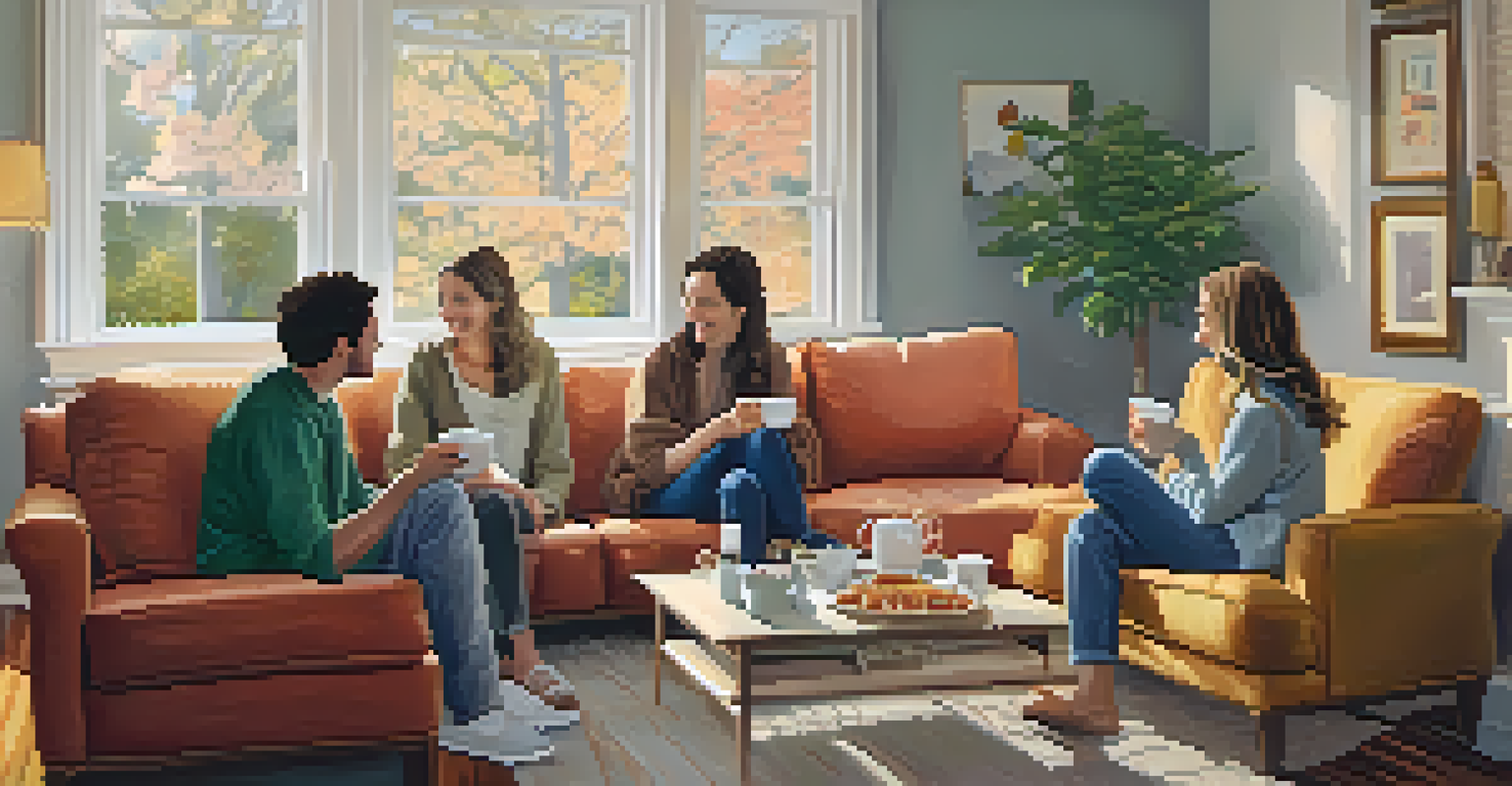 A group of friends having a supportive conversation in a cozy living room filled with warm light.