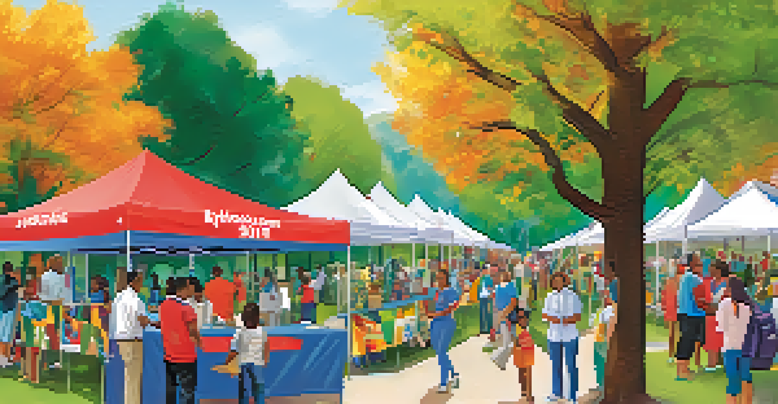 A lively community health fair in a park, with people interacting with healthcare professionals at various booths.