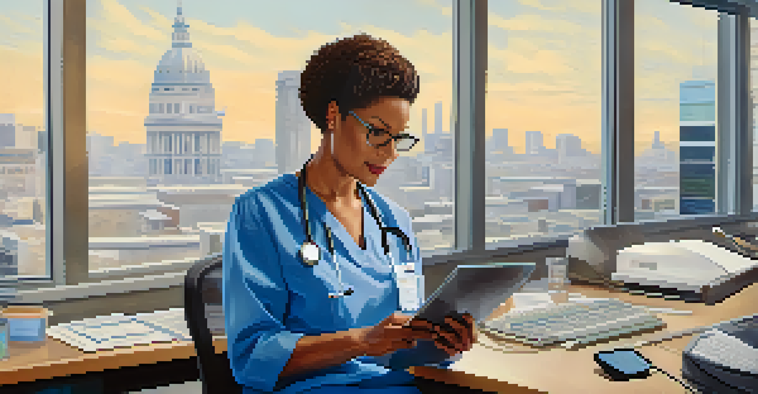 A healthcare provider in scrubs using a tablet at her office desk, surrounded by paperwork and a city view outside the window.