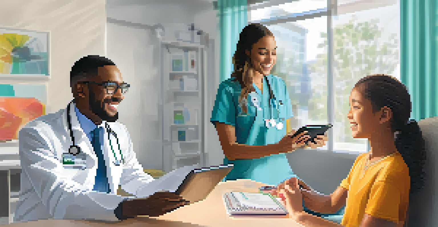 A split-screen image of a healthcare provider in an office and a young patient at home, both smiling during a telehealth appointment.