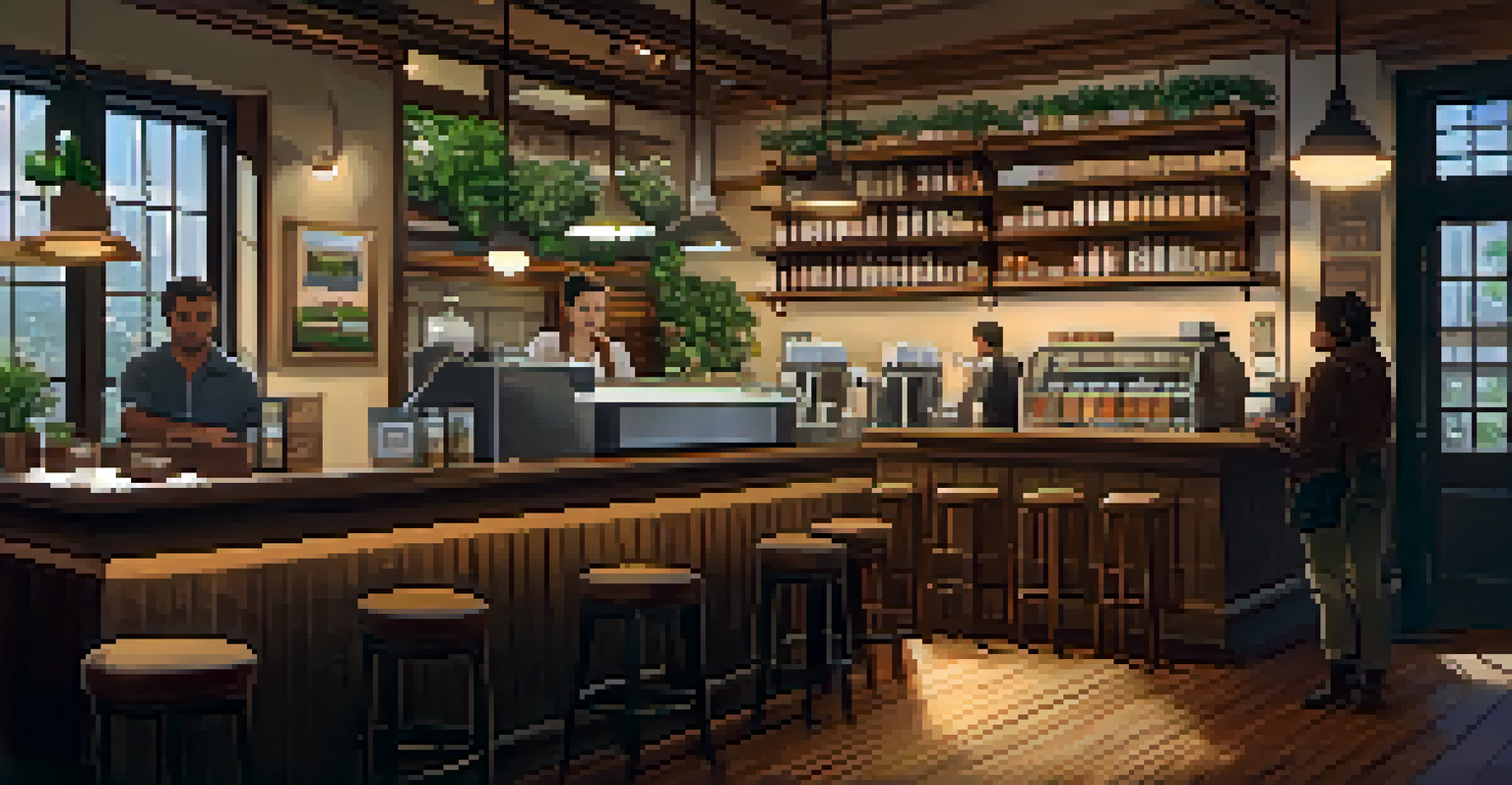 A cozy coffee shop interior with patrons enjoying drinks and a barista preparing coffee.