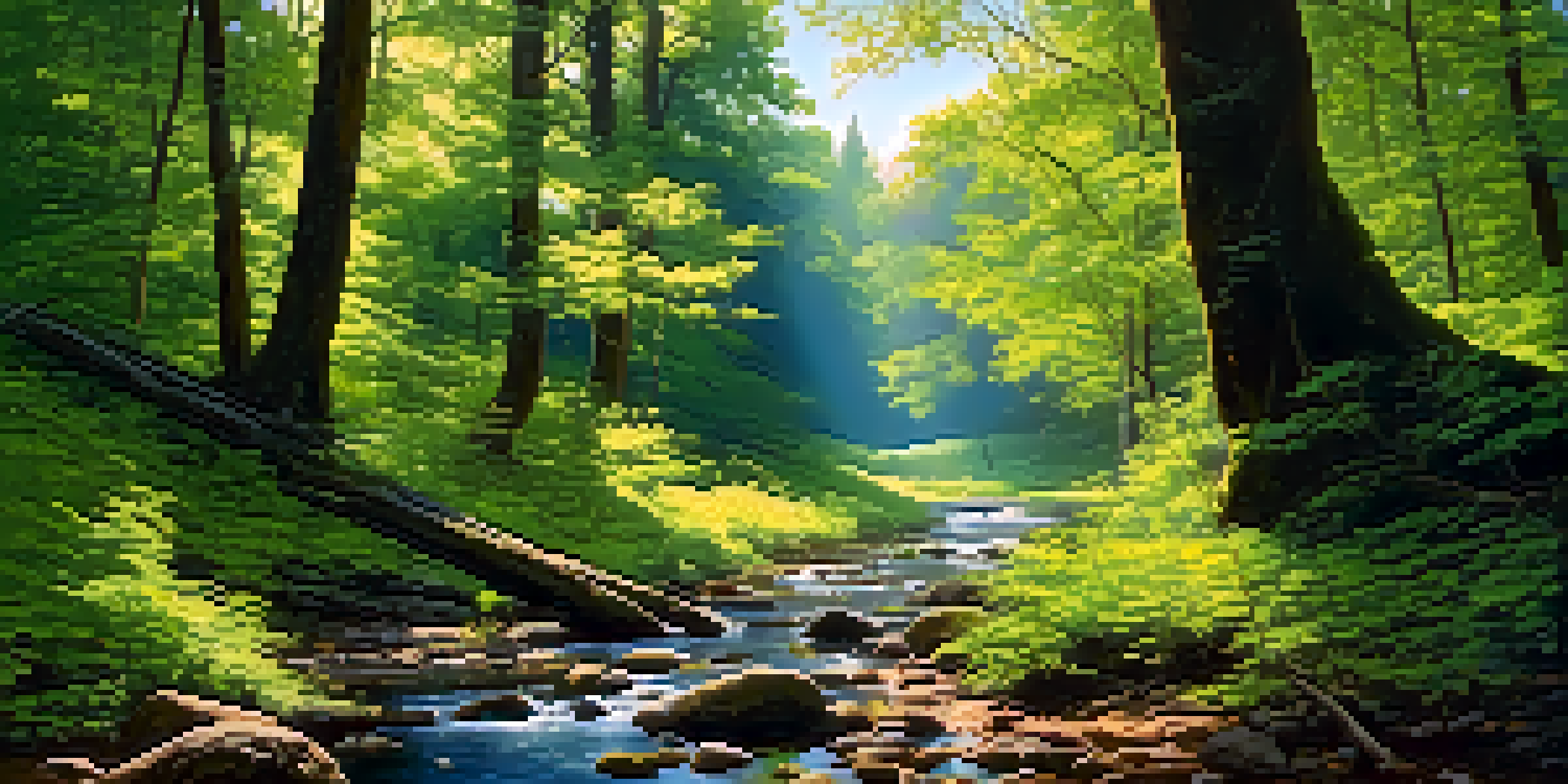 A vibrant green forest with sunlight streaming through the trees and a clear blue sky, featuring a small stream flowing through.