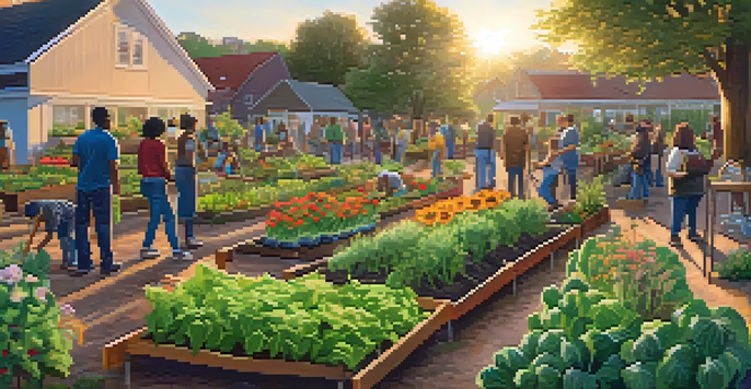 A community garden at sunset with diverse people planting vegetables and flowers, and a mural in the background.