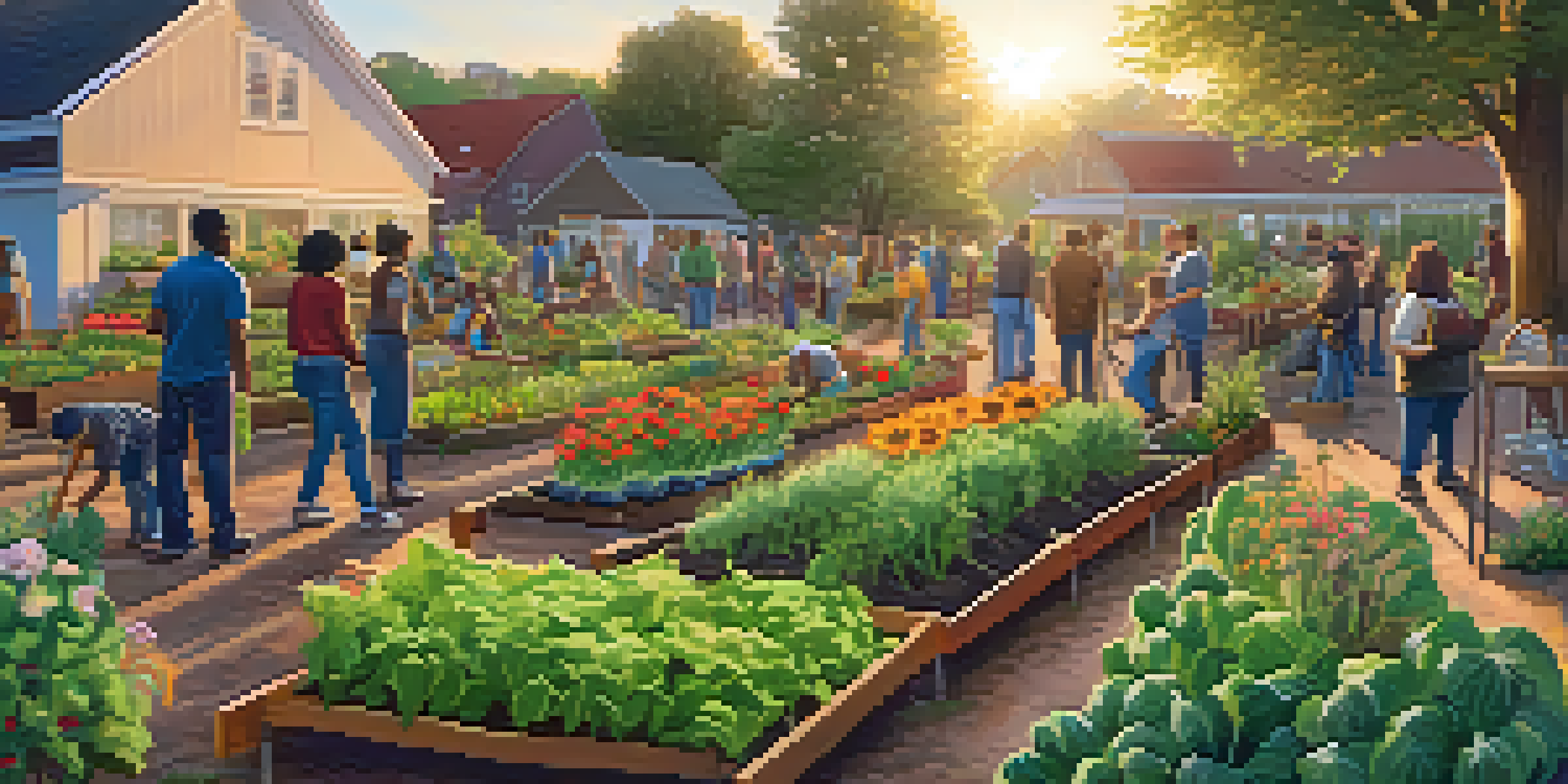 A community garden at sunset with diverse people planting vegetables and flowers, and a mural in the background.