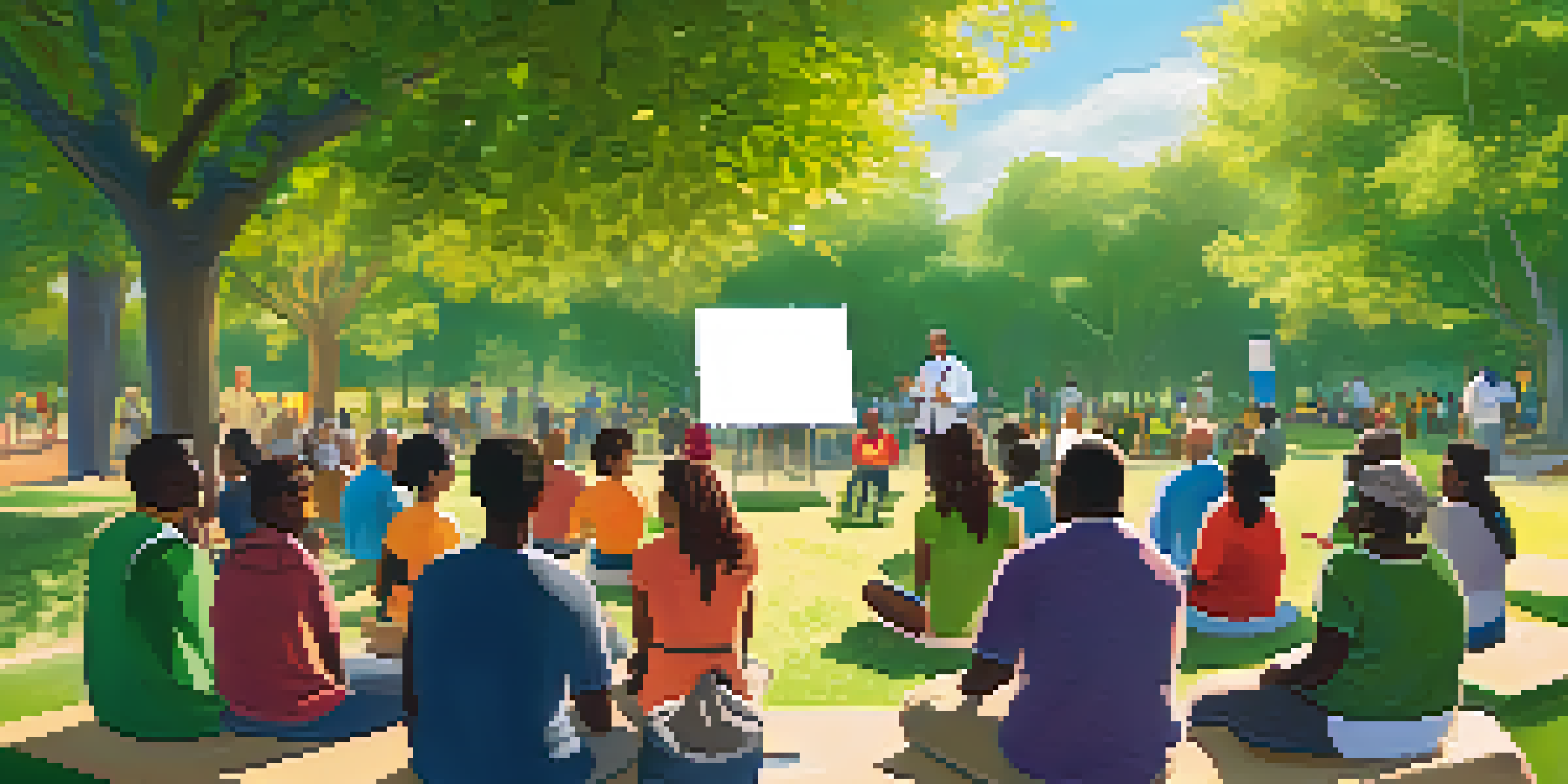 A diverse group of people sitting in a circle at a community health workshop in a sunny park, with a local health official presenting.