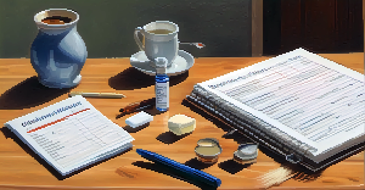 A checklist of symptoms associated with medications on a table, alongside a notepad and pen, illuminated by soft morning light.