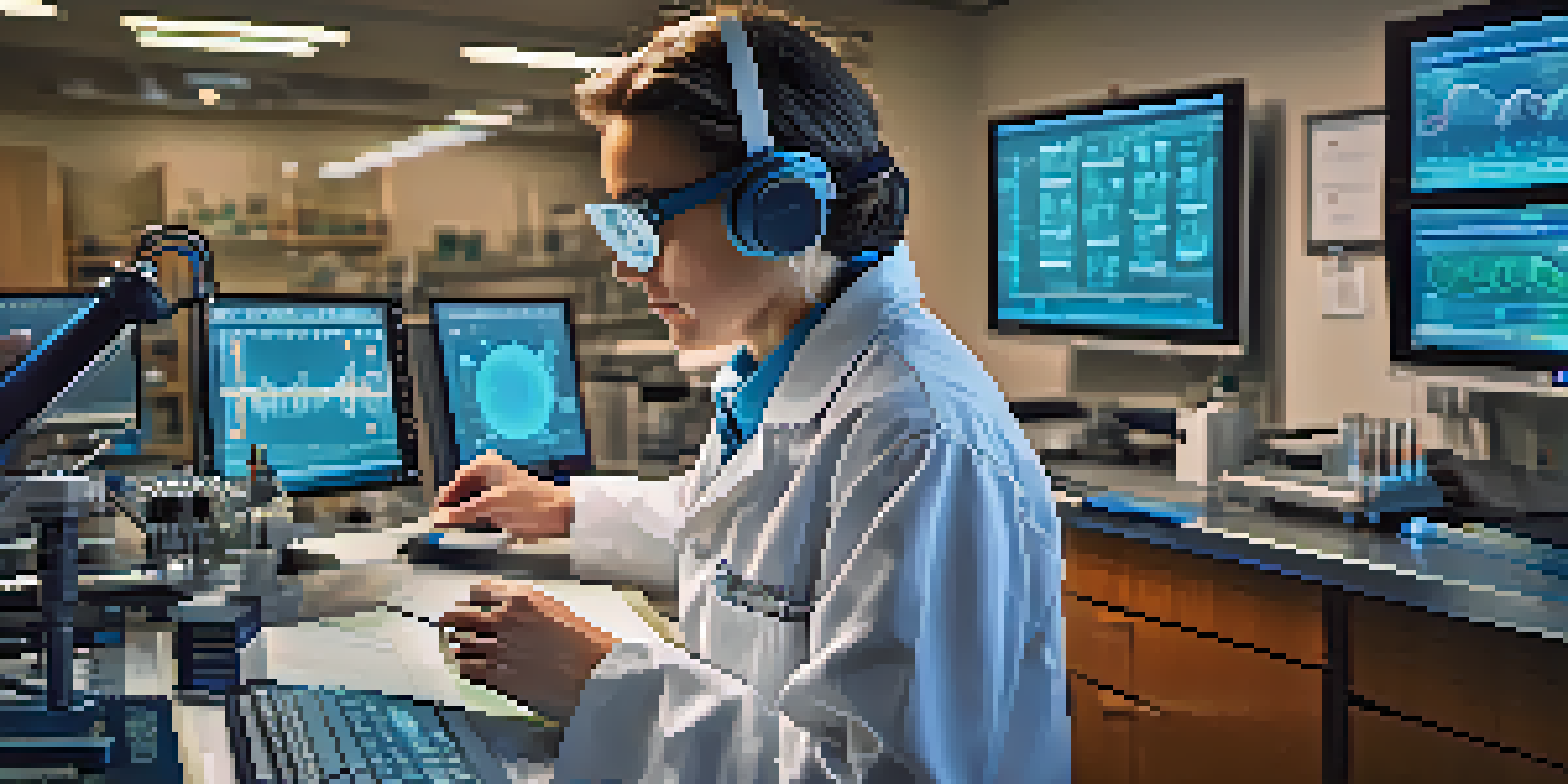 A scientist in a laboratory analyzing a protein structure on a computer screen, with lab equipment and colorful models in the background.