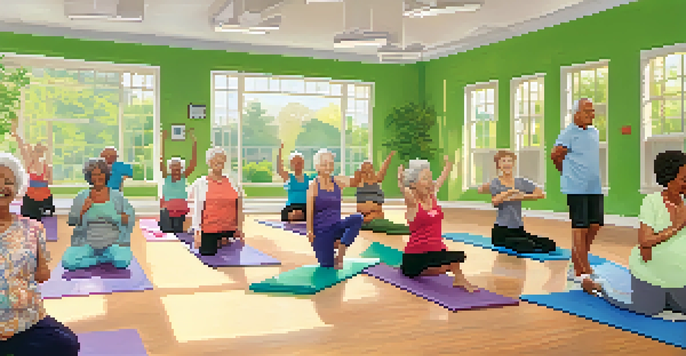 A group of older adults in a bright community center engaging in a gentle exercise class, surrounded by large windows and greenery.