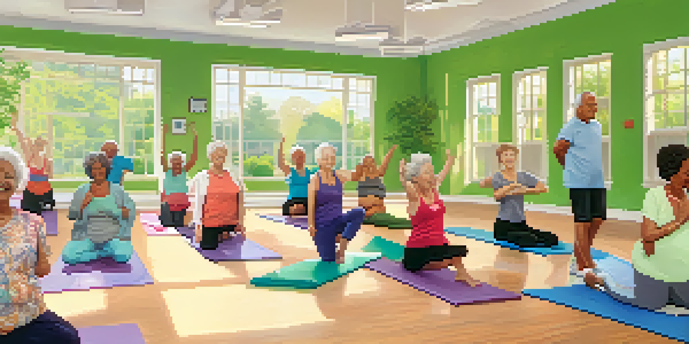 A group of older adults in a bright community center engaging in a gentle exercise class, surrounded by large windows and greenery.