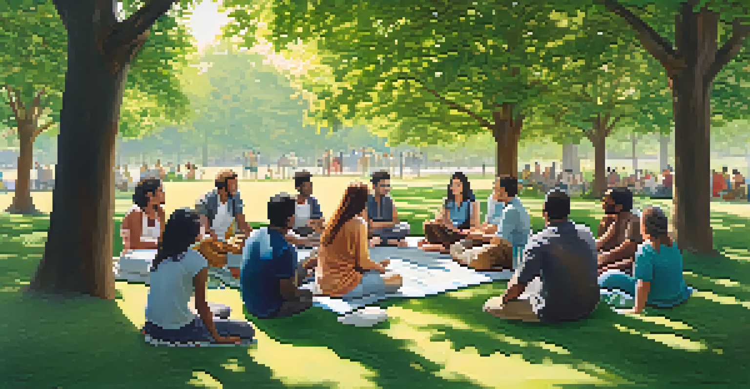 A diverse group of people sitting in a circle in a park, sharing and supporting each other.