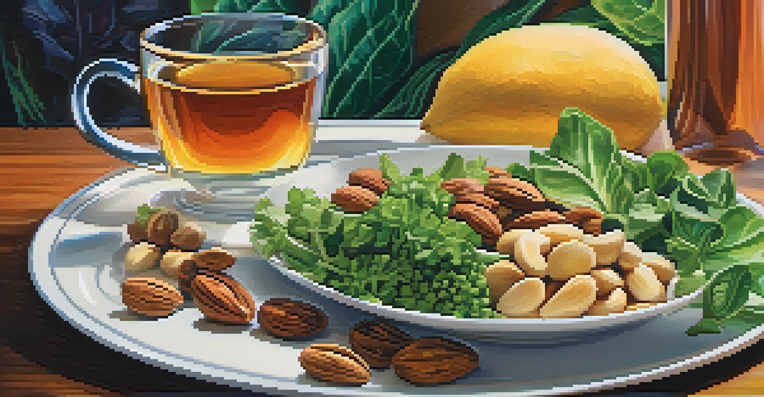 A close-up of a plate with healthy foods like leafy greens and nuts, promoting good sleep.