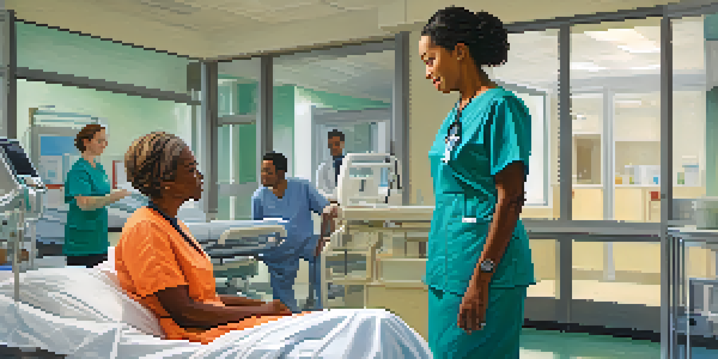 A nurse and a patient from a diverse cultural background are conversing in a bright hospital room, showcasing empathy and understanding.