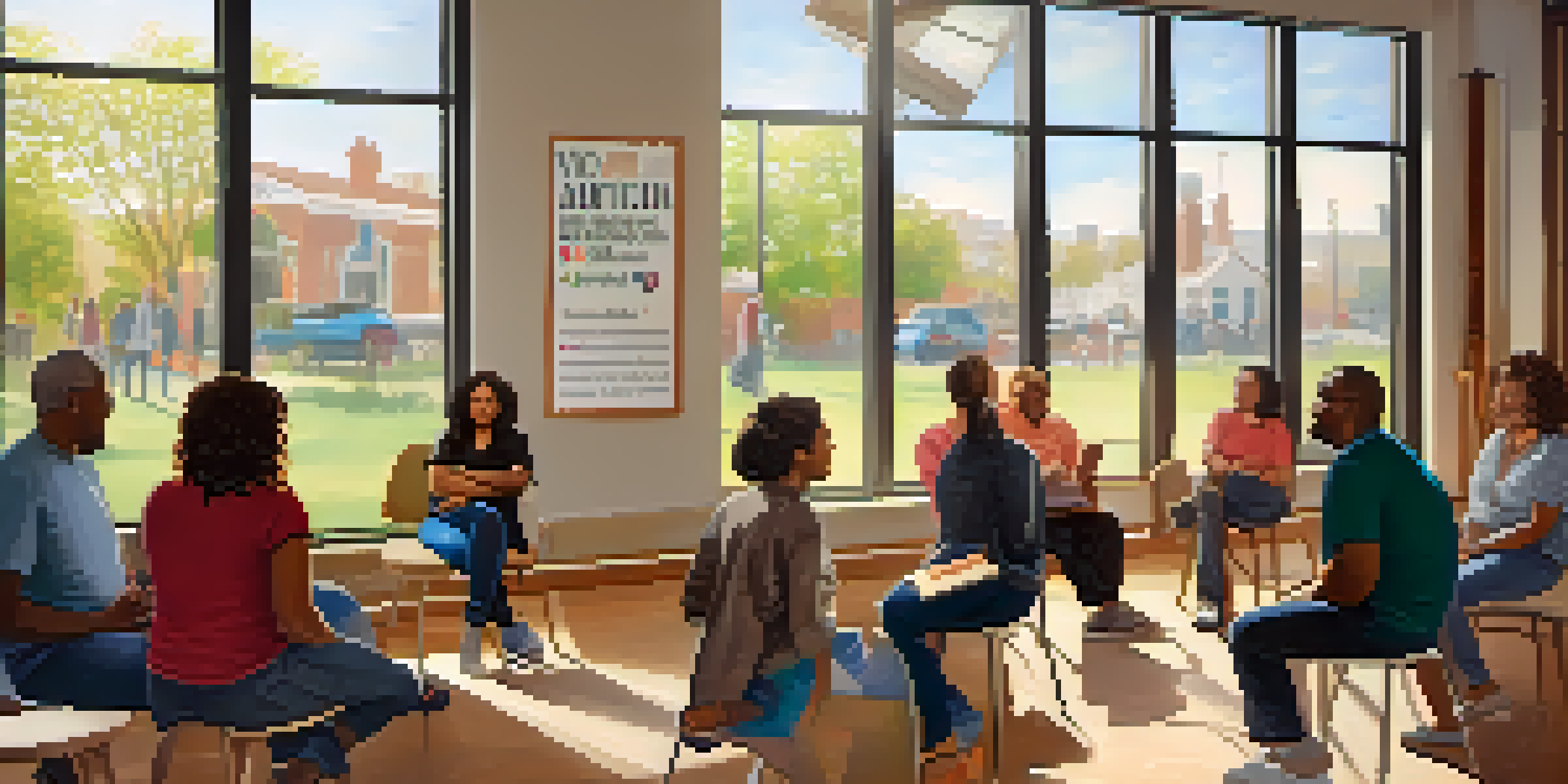 A group of diverse people participating in a community workshop about addiction prevention, surrounded by educational materials and a bright, welcoming room.