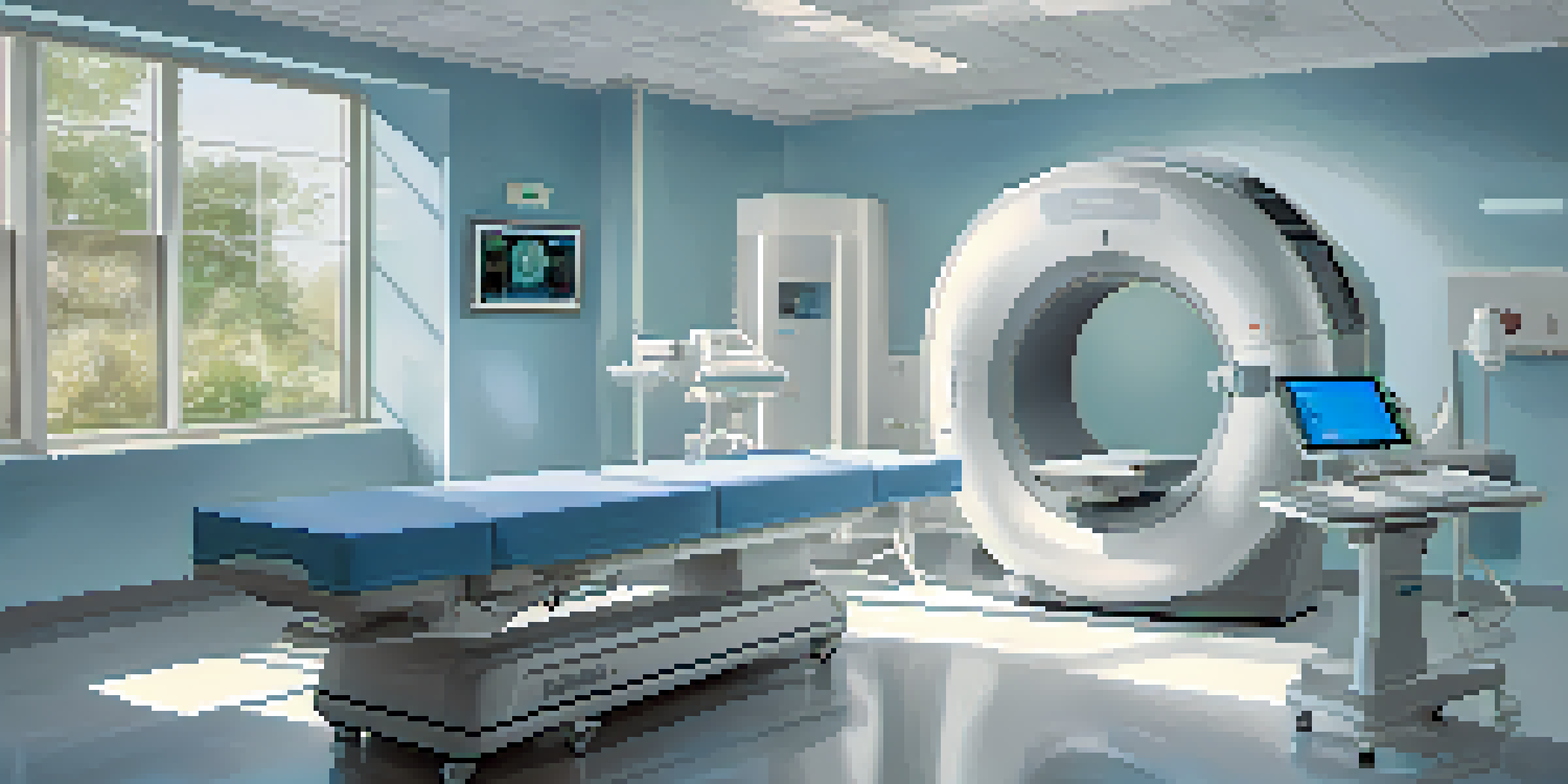 A technician adjusts a CT scanner in a bright, modern medical imaging room, with a patient lying on the scanning bed.