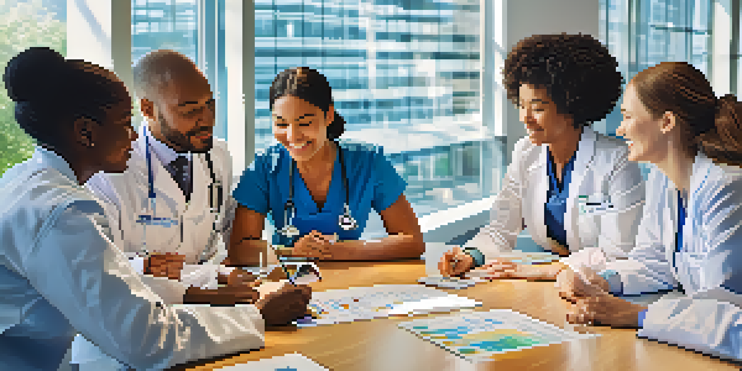 A diverse group of healthcare professionals collaborating around a table with health data charts and a globe, symbolizing global health partnerships.