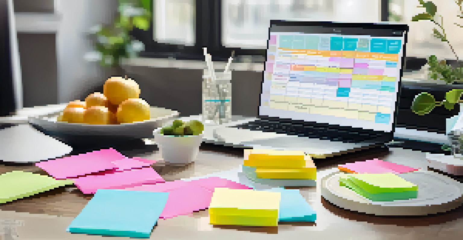 A close-up of a wellness plan on a desk with post-it notes, a meal prep box, and a habit tracking journal, illuminated by natural light.