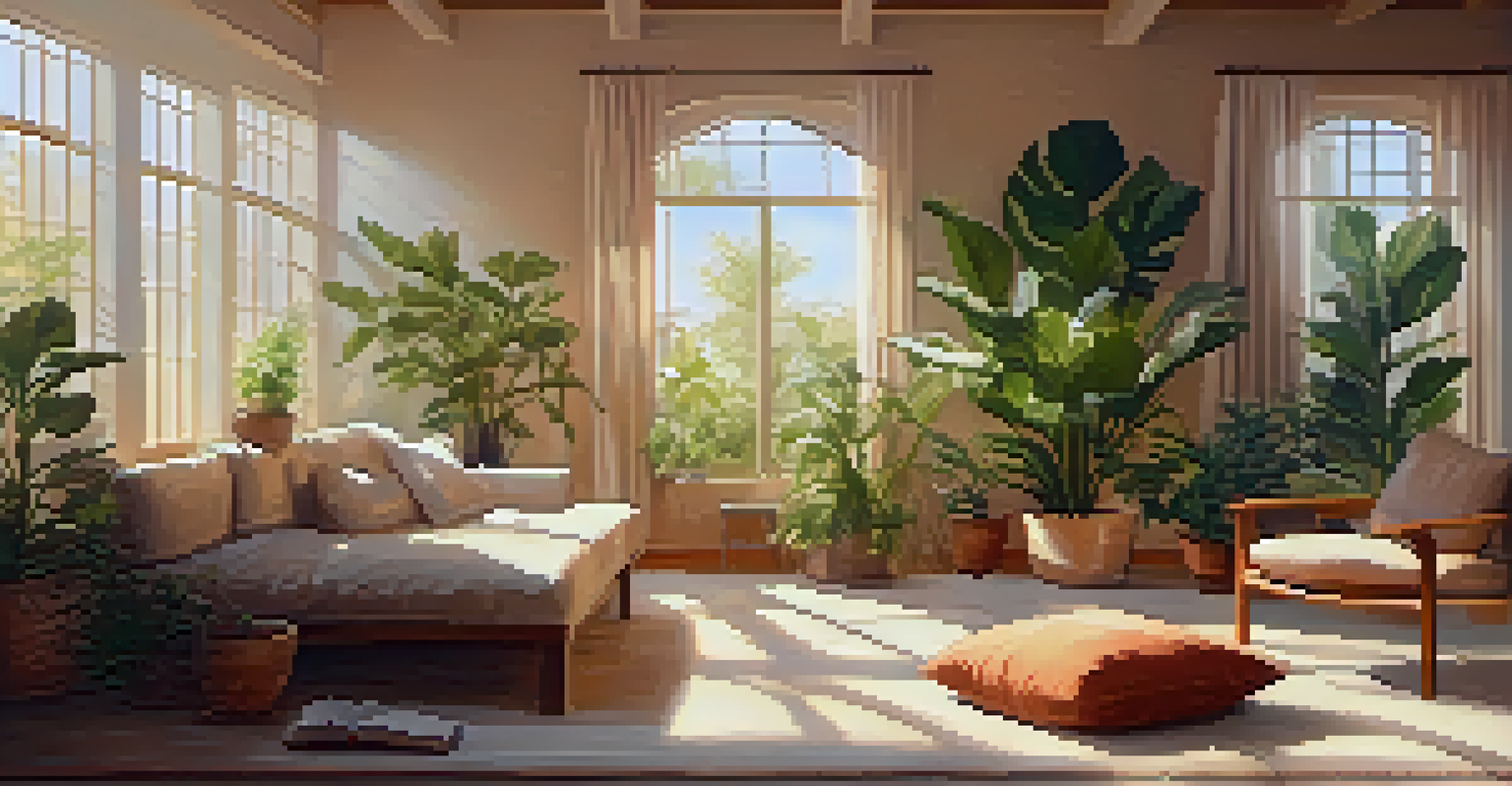 A person meditating in a sunlit room filled with plants and cushions, promoting emotional well-being.