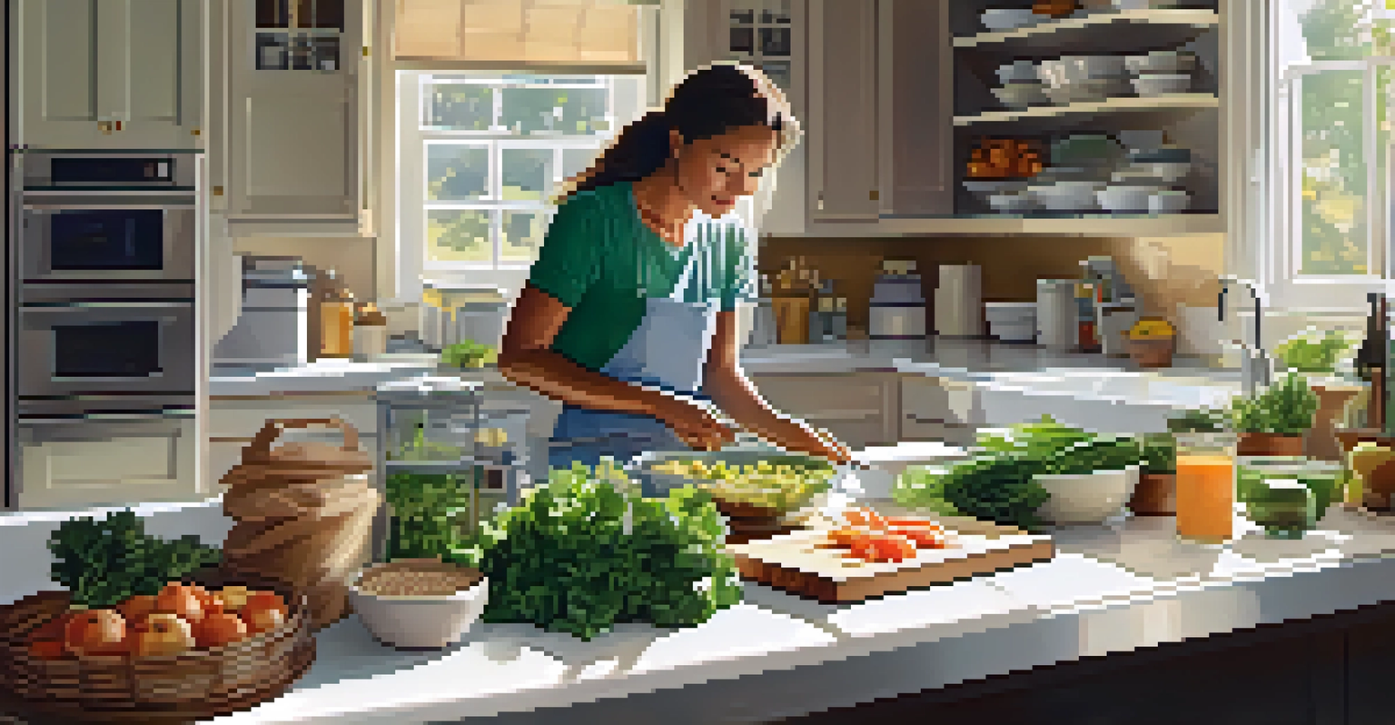 A person cooking in a bright kitchen with fresh ingredients on the countertop, promoting a healthy lifestyle.