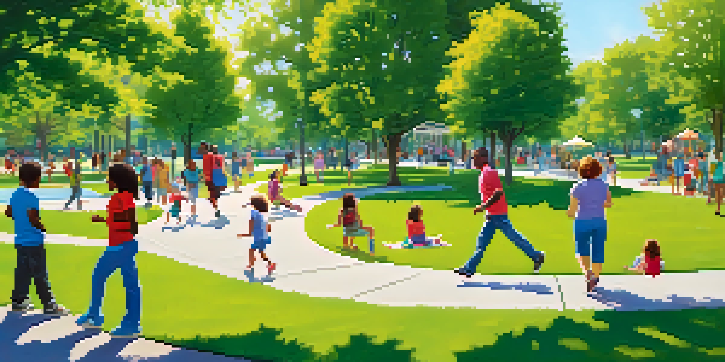 A lively community park with children playing, adults jogging, and families picnicking, surrounded by greenery and flowers.