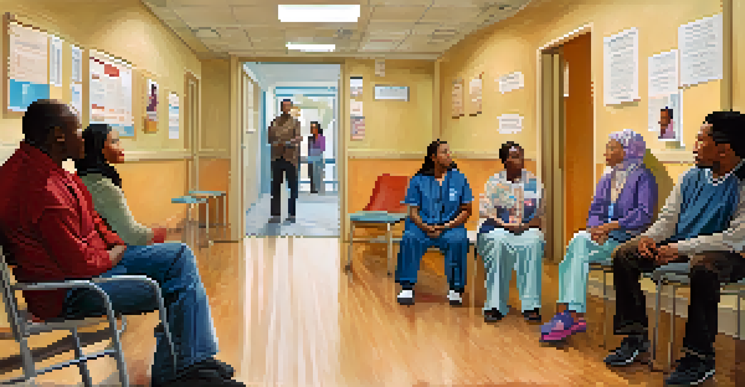 A diverse group of patients discussing their medication experiences in a health center.
