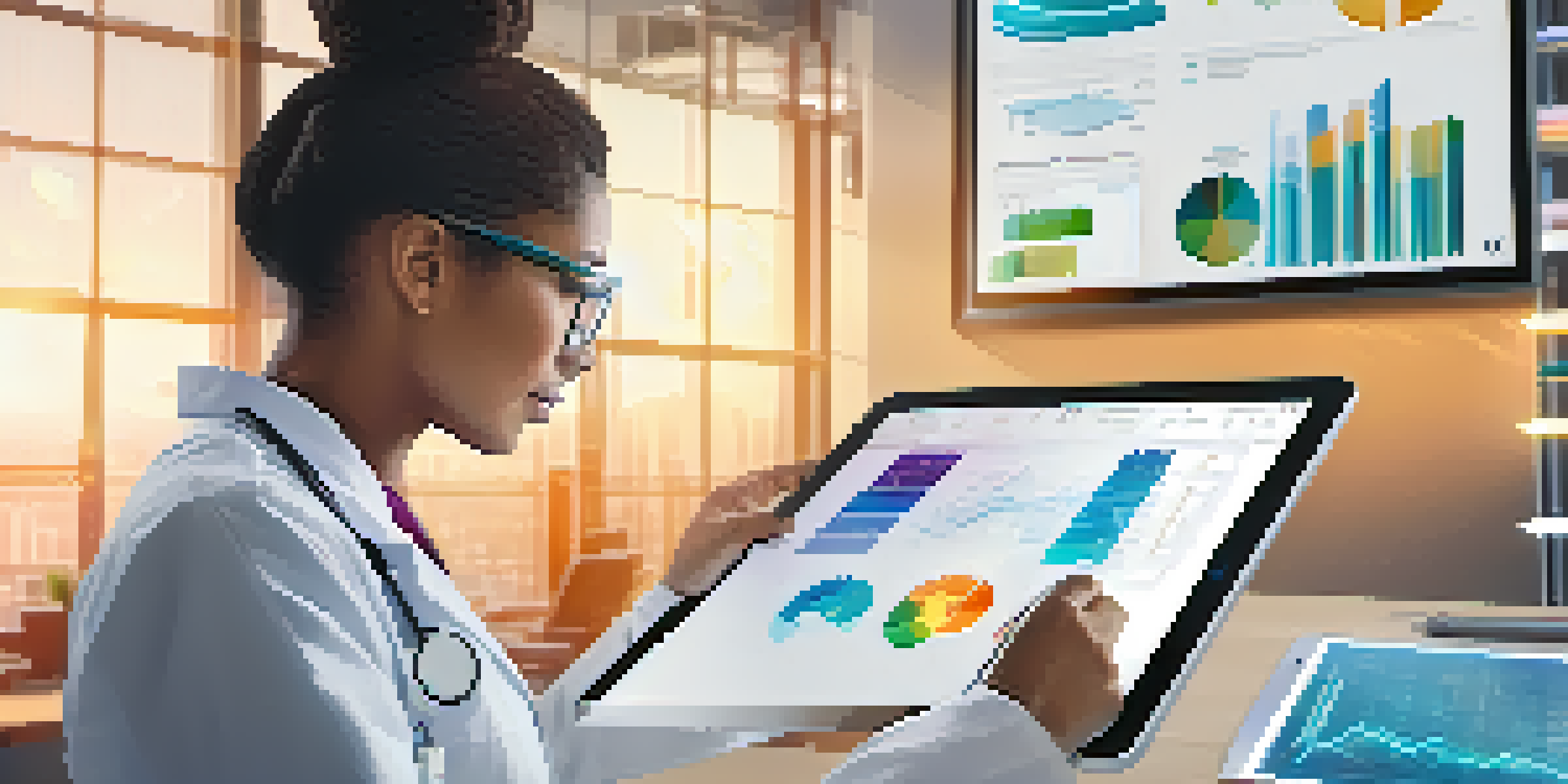 A healthcare professional examining digital therapeutic data on a tablet, with colorful charts in a modern office setting.