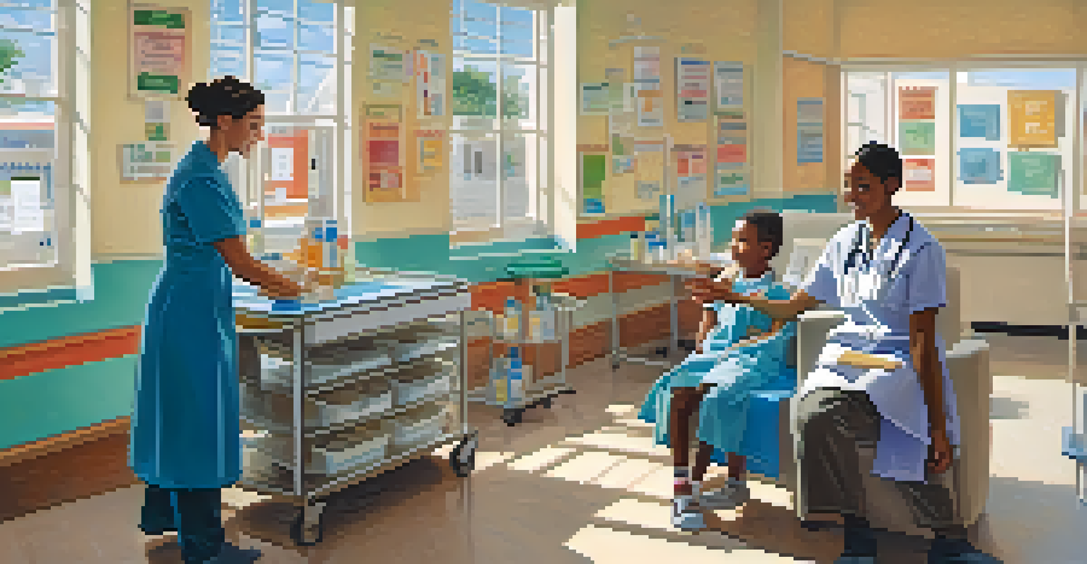 Healthcare providers giving vaccines in a friendly clinic setting with a nurse and a child.
