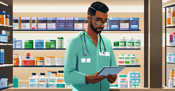 A clinical pharmacist standing in a hospital pharmacy, looking at a digital tablet with medication records.