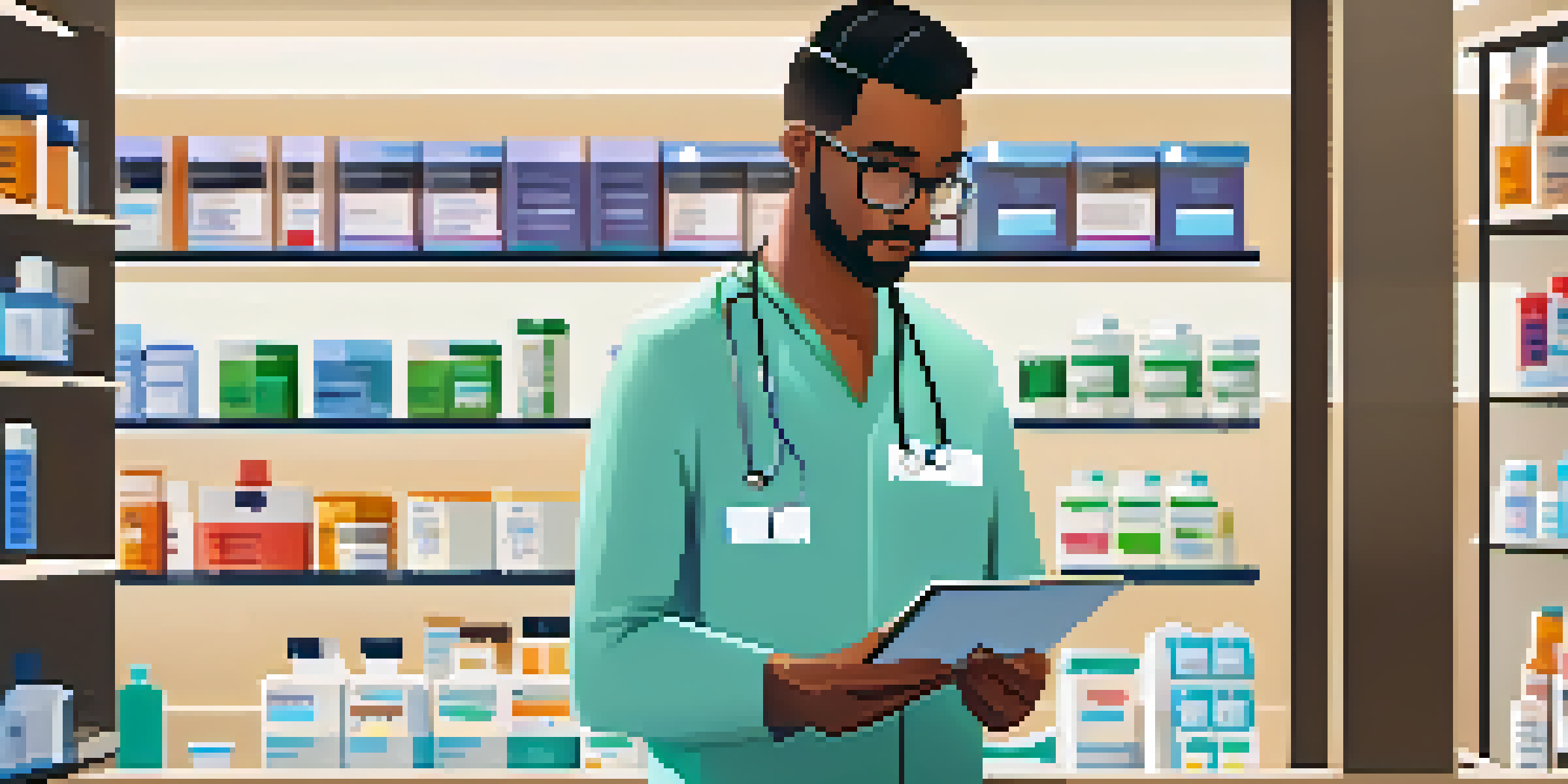 A clinical pharmacist standing in a hospital pharmacy, looking at a digital tablet with medication records.