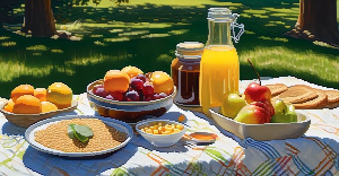 A peaceful picnic scene featuring a blanket with an assortment of healthy foods in a natural setting.