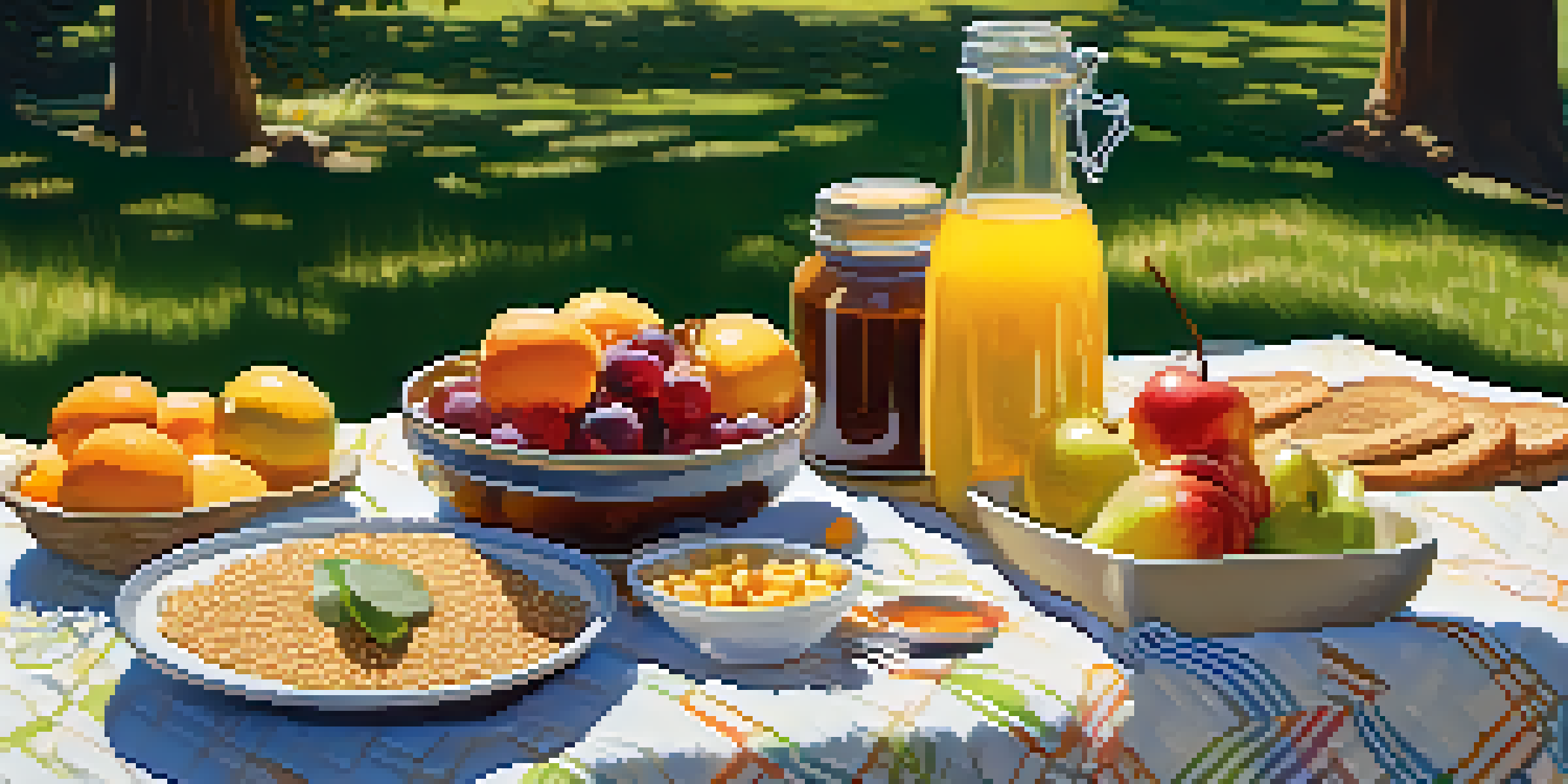 A peaceful picnic scene featuring a blanket with an assortment of healthy foods in a natural setting.