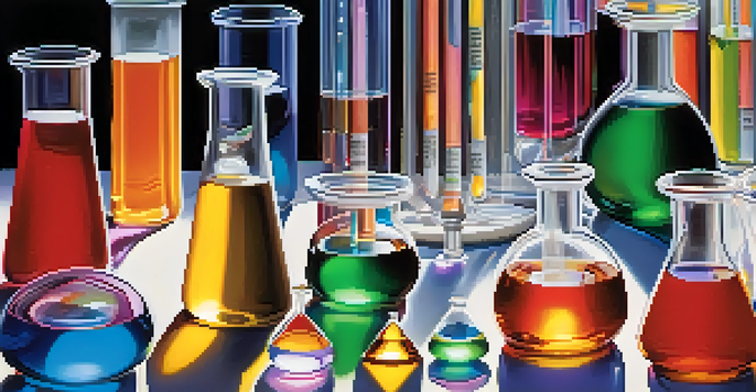 A laboratory scene with glass beakers and test tubes filled with colorful liquids, surrounded by medical books and papers, illuminated by bright lighting.