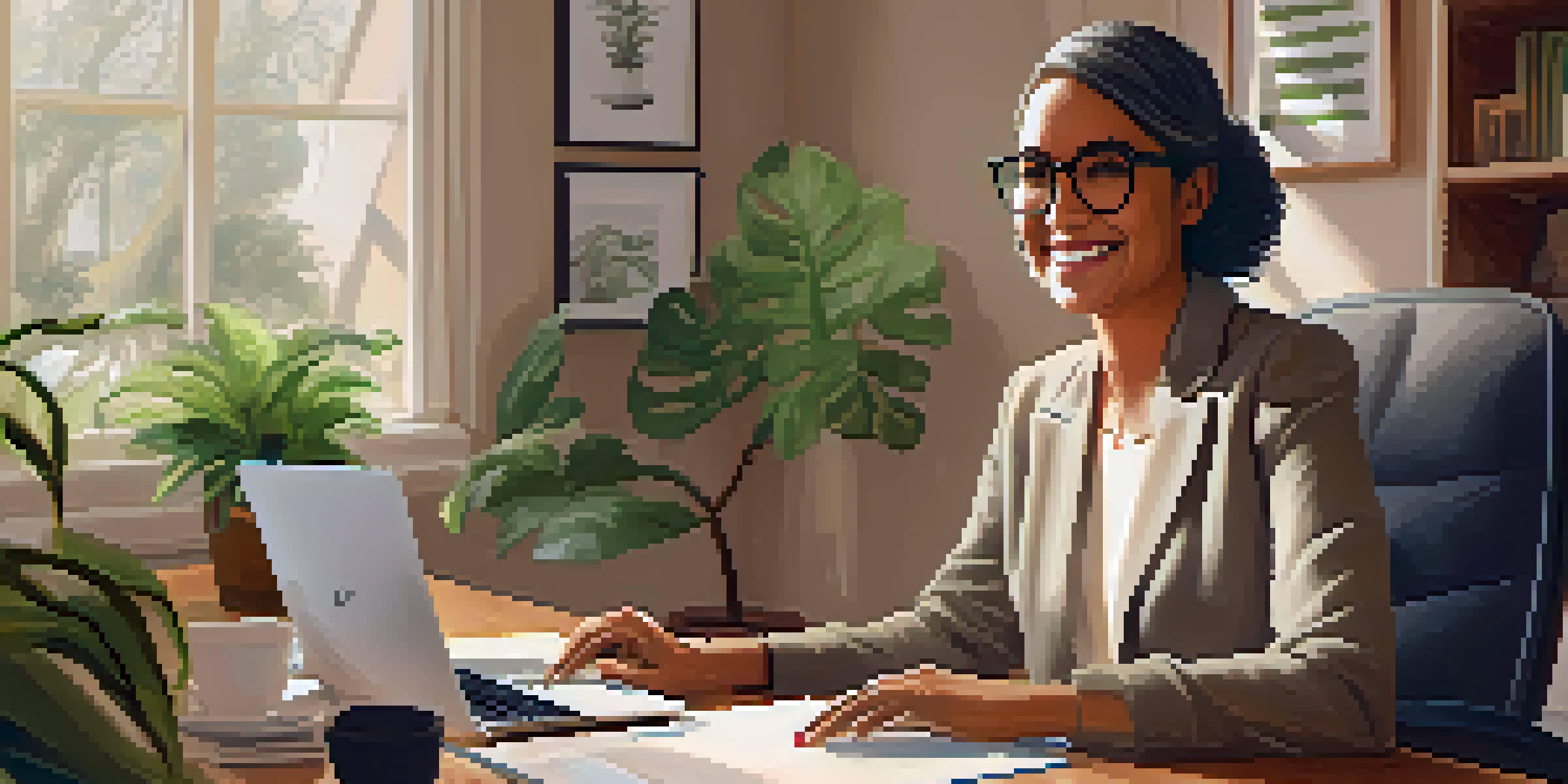 A psychologist in a cozy home office engaging in a telehealth session on a laptop, surrounded by plants and art.