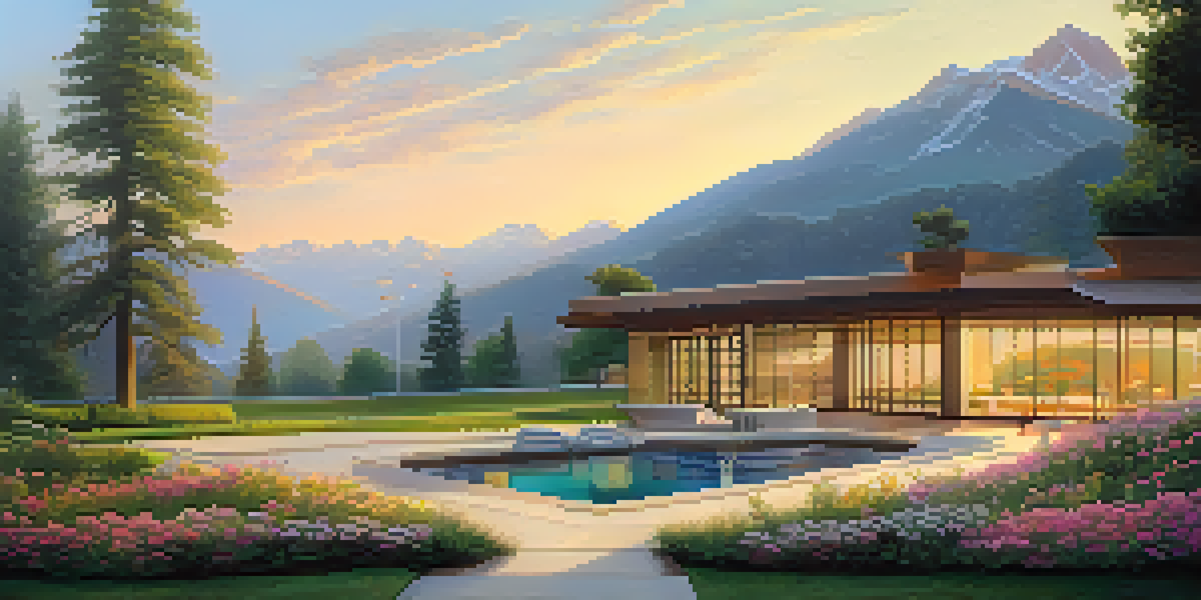 A peaceful recovery center in the mountains at sunrise, surrounded by a garden of blooming flowers.