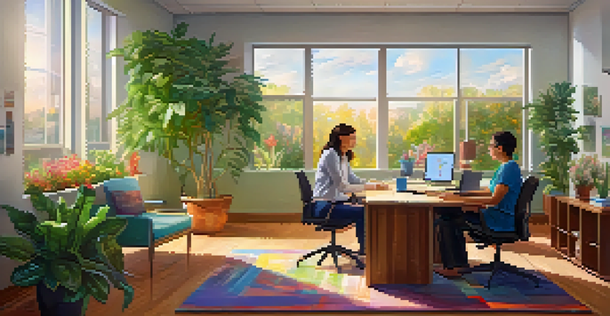 A genetic counseling session in a bright office with a counselor and a patient discussing health matters.