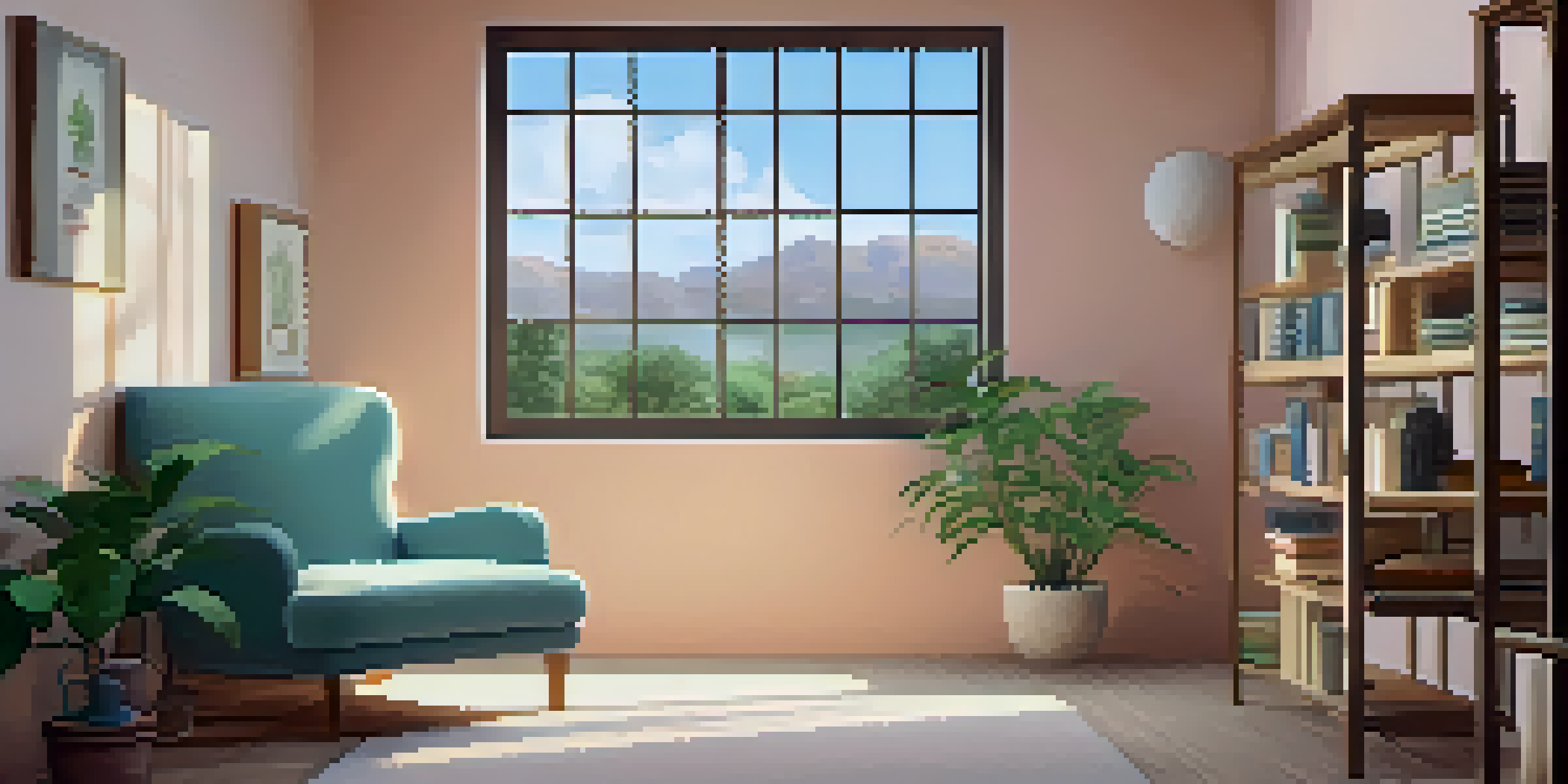 A tranquil therapy room featuring a cozy armchair, soft lighting, and calming decor with a bookshelf and a potted plant.