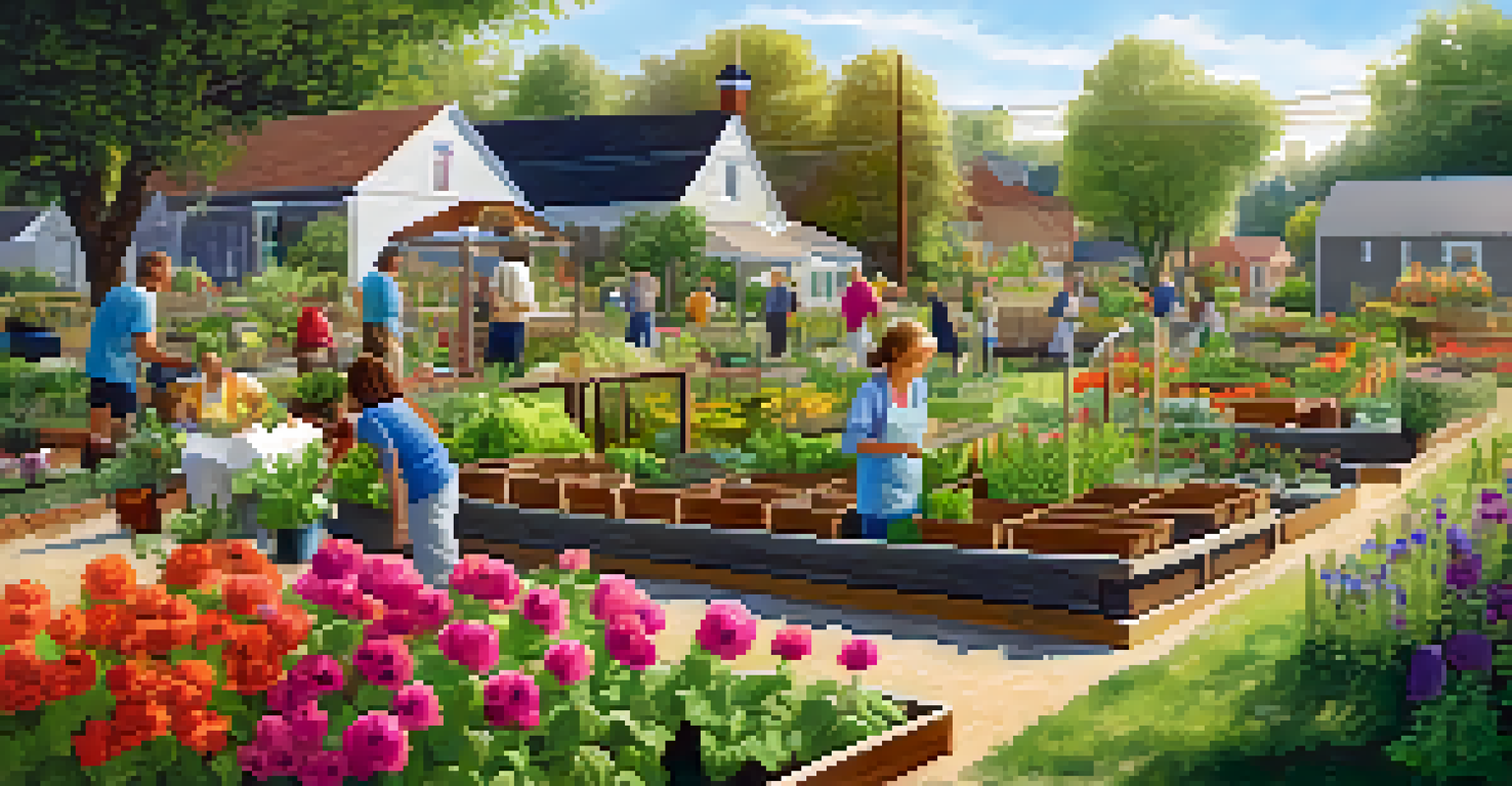 A community garden in a rural area with people of different ages working together, surrounded by vegetables and flowers.