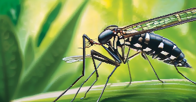 A detailed close-up of an Aedes mosquito on a green leaf in a tropical setting.