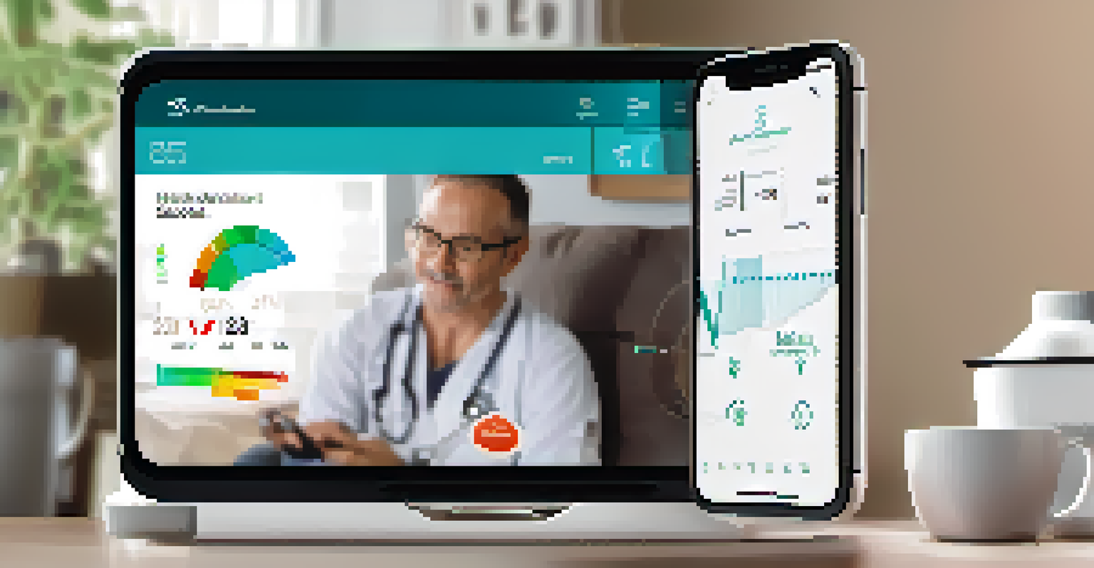 A patient holding a mobile health application displaying health metrics, with a healthcare provider on a video call in a cozy living room setting.