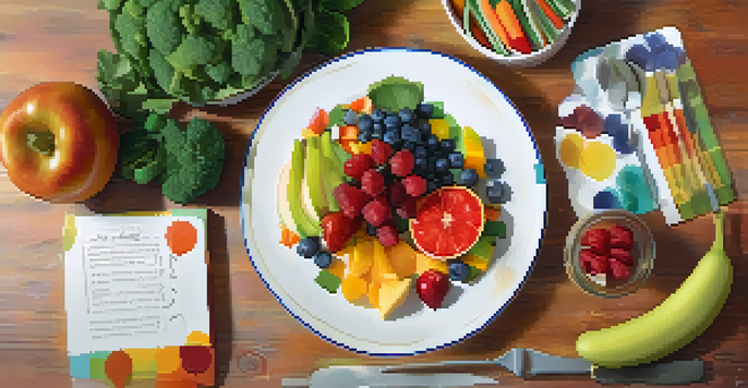 A colorful plate of healthy fruits and vegetables with a fork and notepad beside it, illuminated by soft, warm lighting.