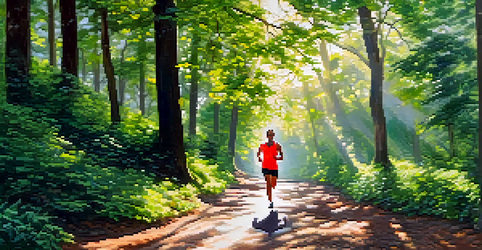 A person jogging on a sunlit path surrounded by green trees, wearing bright athletic gear.