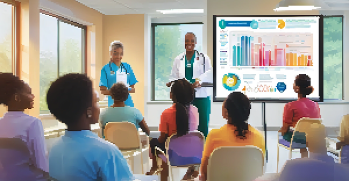 A healthcare professional shows an infographic to patients in a bright clinic, with colorful icons and text about treatment options.