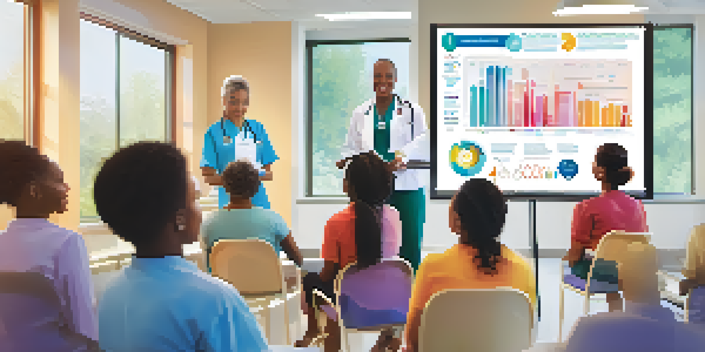 A healthcare professional shows an infographic to patients in a bright clinic, with colorful icons and text about treatment options.