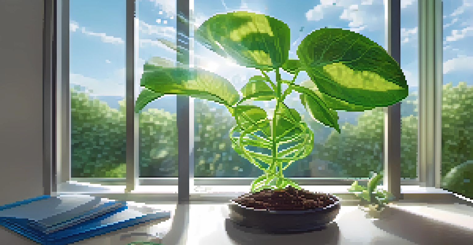 An artistic depiction of a plant genome being edited with CRISPR, featuring a green plant and molecular scissors in a bright environment.