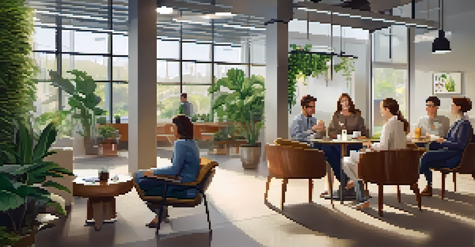 A cozy workplace break area with comfortable seating, plants, and employees enjoying their time.