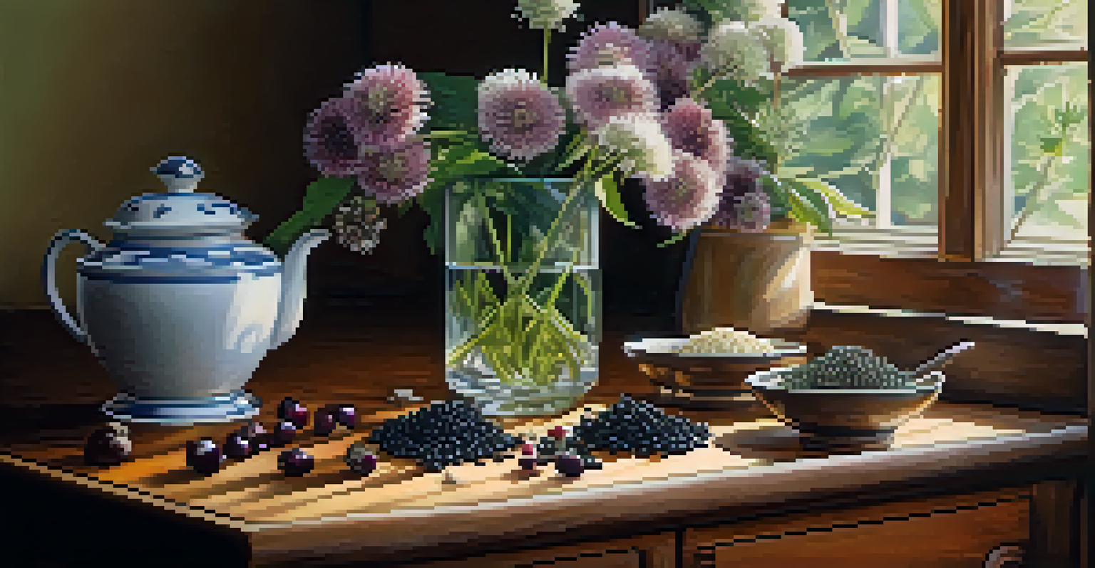 A beautiful display of elderberries, echinacea flowers, and garlic on a wooden table, with a cup of steaming herbal tea in the background.